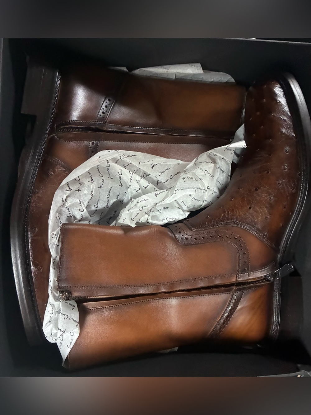 Franco Cuadra Genuine Ostrich Boots Men’s 9.5 EE Almond Brown Side Zip NIB